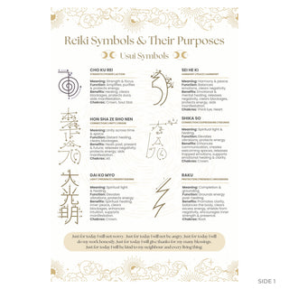 Reiki guide front: six Usui Reiki symbols with numbered stroke order, meanings and chakras