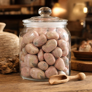 Rhodochrosite A Tumbled Stones in a glass apothecary jar with a scoop