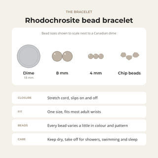 Rhodochrosite bead bracelet card: bead sizes shown next to a Canadian dime, closure, fit and care