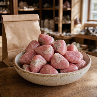 Rhodochrosite E Tumbled Stones #0 in a ceramic bowl on a shop counter