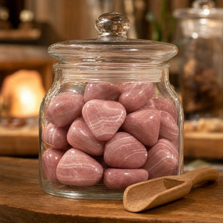 Rhodochrosite E Tumbled Stones #1 - 3 Pack - 7/8-1 1/4" in a glass apothecary jar with a scoop