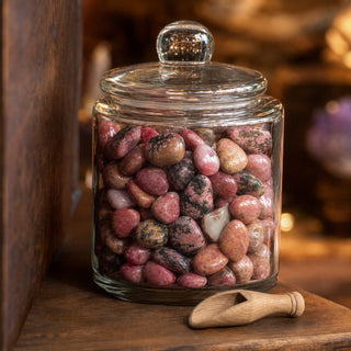 Rhodonite Light Tumbled Stones in a glass apothecary jar with a scoop