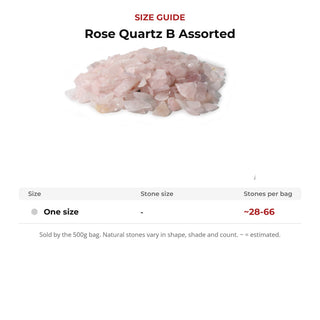 Rose Quartz B Assorted size guide: stone size and number of stones per bag