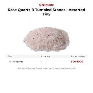 Rose Quartz B Tumbled Stones - Assorted Tiny size guide: stone size and number of stones per bag