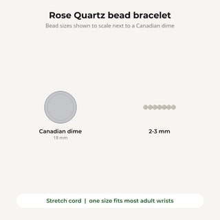 Rose Quartz bead bracelet bead sizes shown to scale next to a Canadian dime