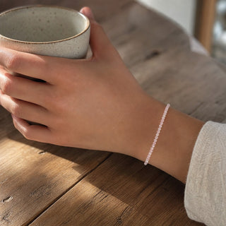 Rose Quartz bead bracelet, lifestyle photo
