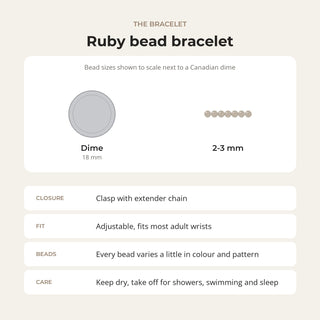 Ruby bead bracelet card: bead sizes shown next to a Canadian dime, closure, fit and care