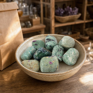 Ruby in Fuchsite Tumbled Stones in a ceramic bowl on a shop counter