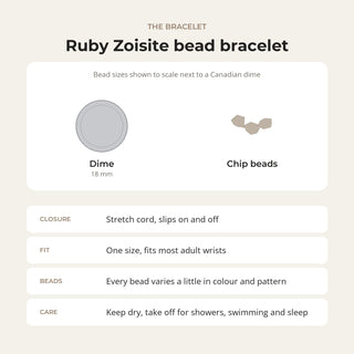 Ruby Zoisite bead bracelet card: bead sizes shown next to a Canadian dime, closure, fit and care