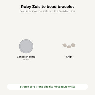 Ruby Zoisite bead bracelet bead sizes shown to scale next to a Canadian dime