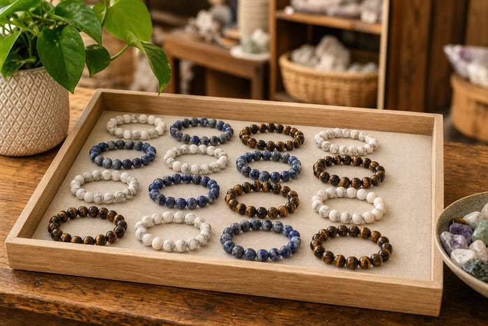 A tray of bead bracelets by colour on a shop counter