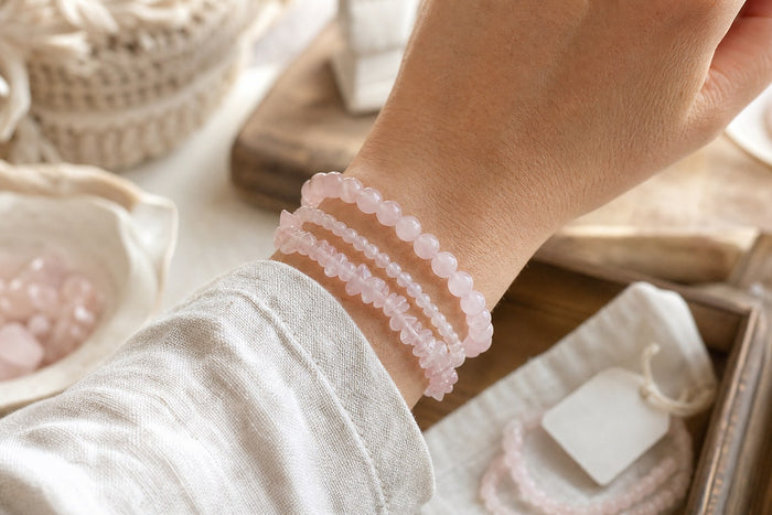 A stack of rose quartz bracelets in three sizes on a wrist