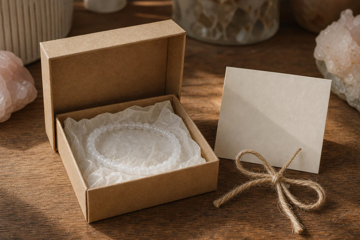 A bead bracelet in a small kraft gift box with a blank card