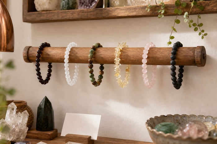 A row of six coloured bead bracelets on a wooden wall bar
