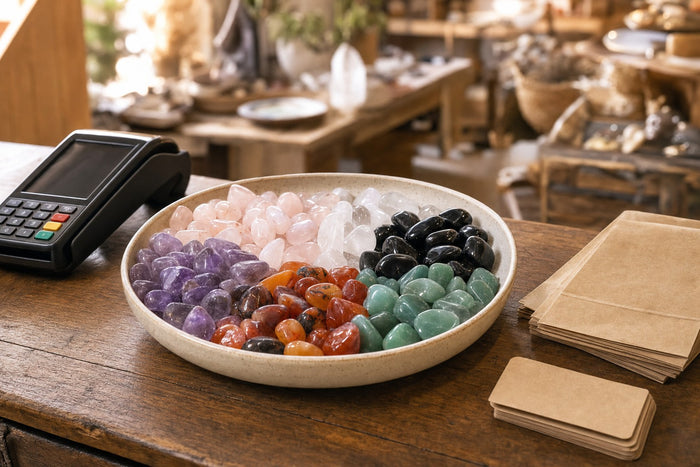 Bowl of mixed tumbled stones beside the till in a crystal shop
