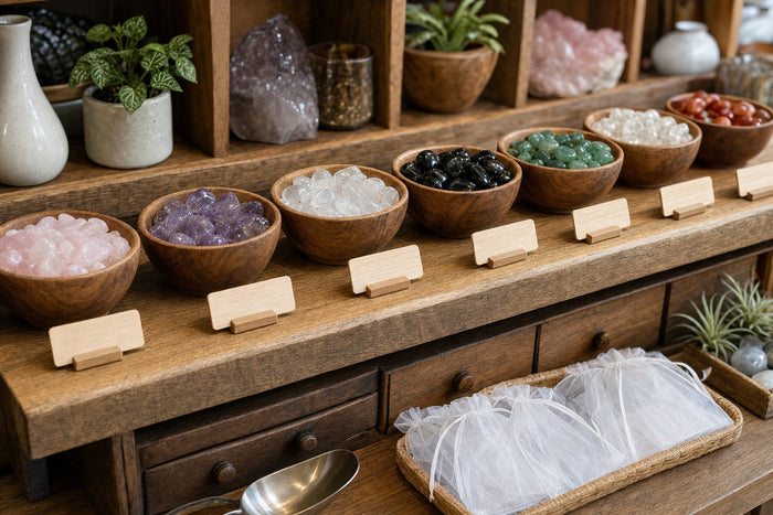Pick-your-own tumbled stone bar with bowls, scoop and pouches