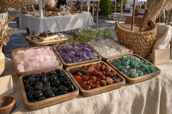 Tumbled stones in wooden trays at a craft market booth