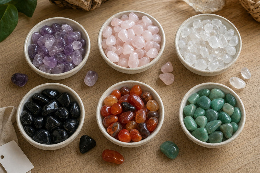 Six bowls of tumbled stones on an oak table