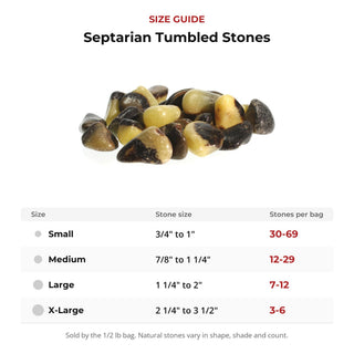 Septarian Tumbled Stones size guide: stone size and number of stones per bag