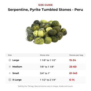 Serpentine, Pyrite Tumbled Stones - Peru size guide: stone size and number of stones per bag