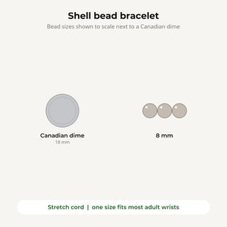 Shell bead bracelet bead sizes shown to scale next to a Canadian dime