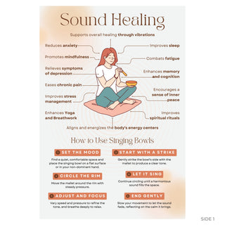 Sound healing guide front: woman playing a singing bowl, benefits list and six steps for using bowls
