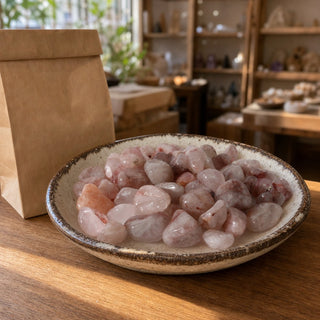 Strawberry Quartz Tumbled Stones in a ceramic bowl on a shop counter