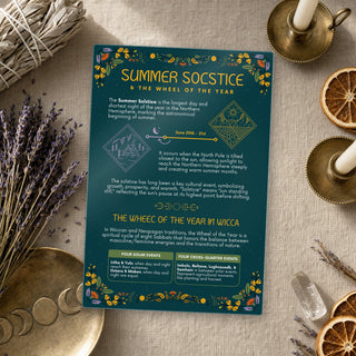 Summer Solstice & the Wheel of the Year QuickStudy Guide laid out with crystals and props