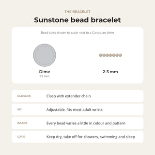 Sunstone bead bracelet card: bead sizes shown next to a Canadian dime, closure, fit and care