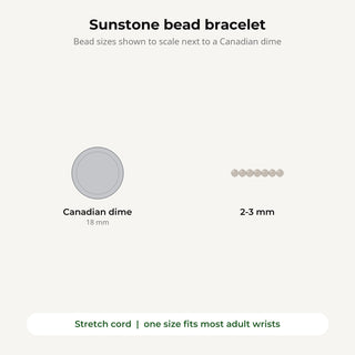 Sunstone bead bracelet bead sizes shown to scale next to a Canadian dime