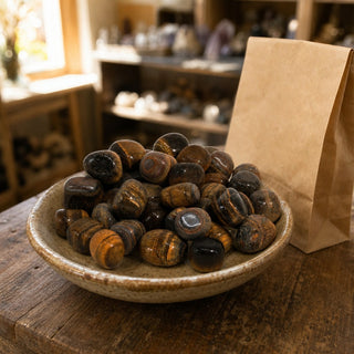 Gold Tiger Eye Tumbled Stones - India in a ceramic bowl on a shop counter