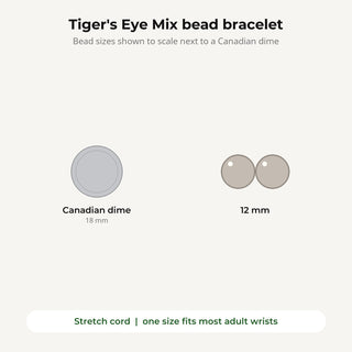 Tiger's Eye Mix bead bracelet bead sizes shown to scale next to a Canadian dime