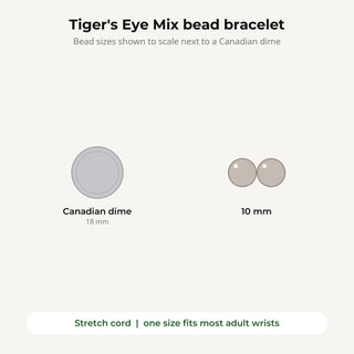 Tiger's Eye Mix bead bracelet bead sizes shown to scale next to a Canadian dime