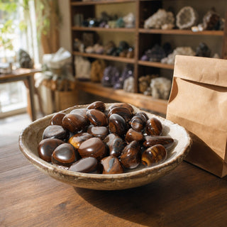 Tiger Iron Tumbled Stones in a ceramic bowl on a shop counter