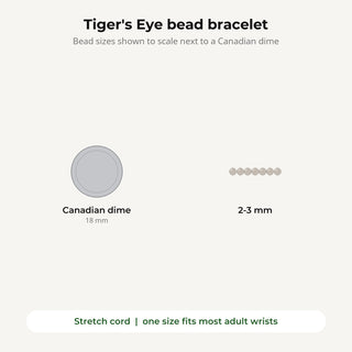 Tiger's Eye bead bracelet bead sizes shown to scale next to a Canadian dime