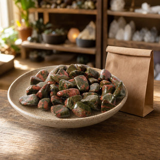 Unakite Tumbled Stones - South Africa in a ceramic bowl on a shop counter