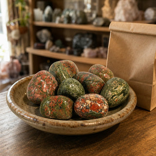 Unakite Tumbled Stones - India in a ceramic bowl on a shop counter