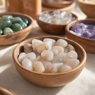 White Chalcedony Tumbled Stones in a wooden bowl on a boutique display table