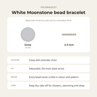 White Moonstone bead bracelet card: bead sizes shown next to a Canadian dime, closure, fit and care