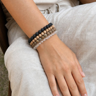 Wood Jasper bead bracelet stacked with other bead bracelets on the wrist
