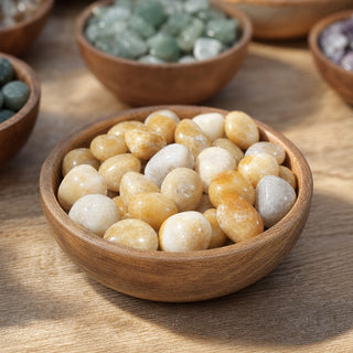 Yellow Jade Tumbled Stones in a wooden bowl on a boutique display table
