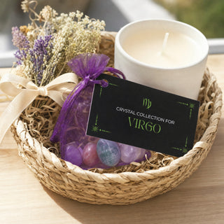 Zodiac Crystal Collection Virgo kit in a gift basket with a candle and dried flowers